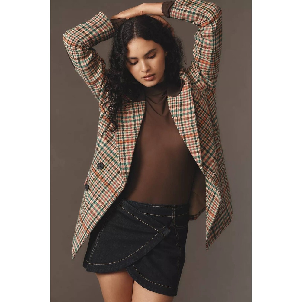 Anthropologie Avec Les Filles Double-Breasted Elbow-Patch Plaid Jacket XS Petite